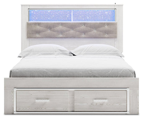 Altyra White Queen Upholstered Bookcase Bed with Storage head-on view