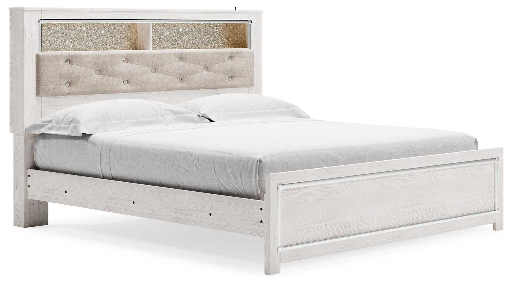 Altyra White King Panel Bookcase Bed side view showing panel and footboard