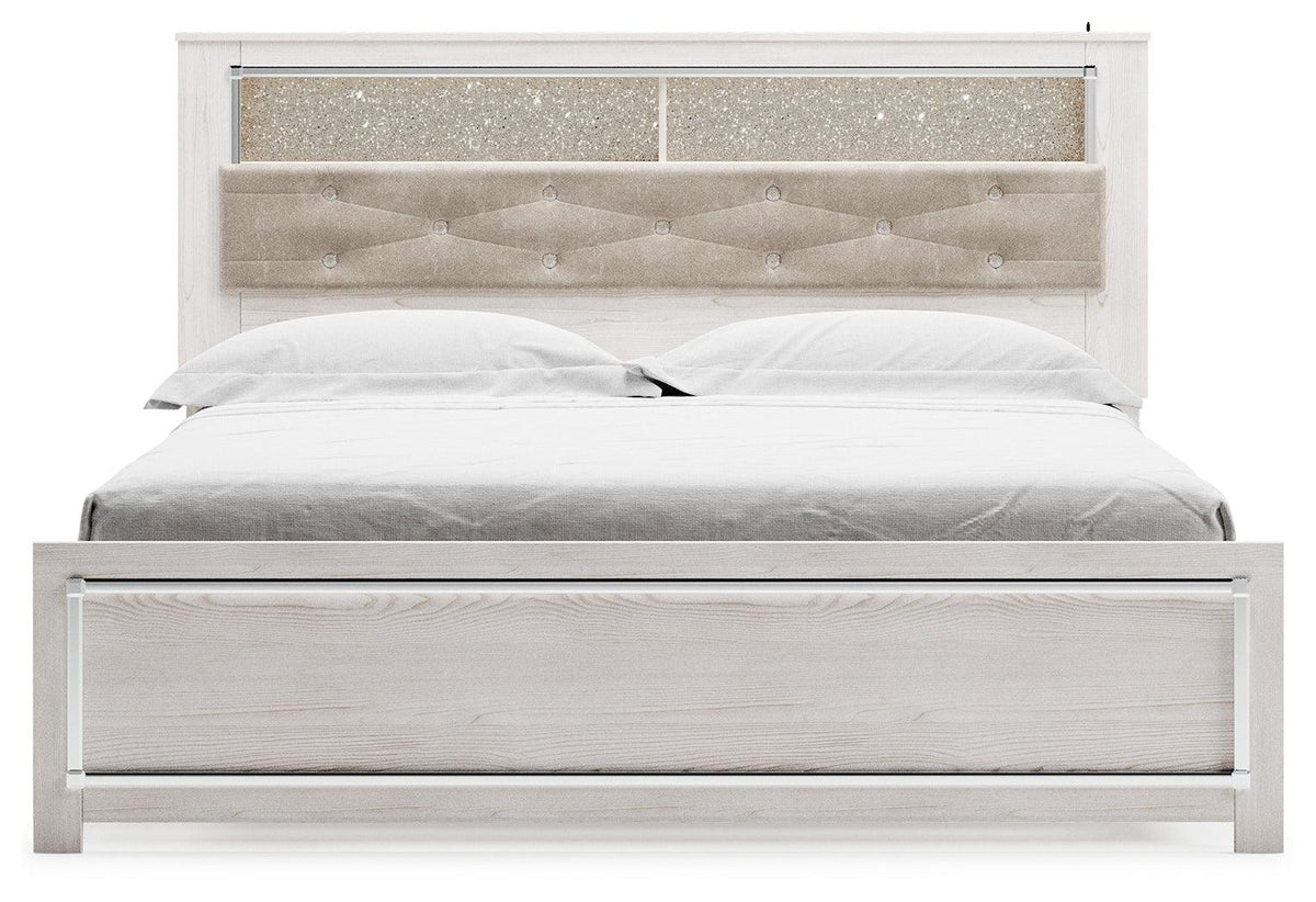 Altyra White King Panel Bookcase Bed head-on view showing shelf and chrome accents