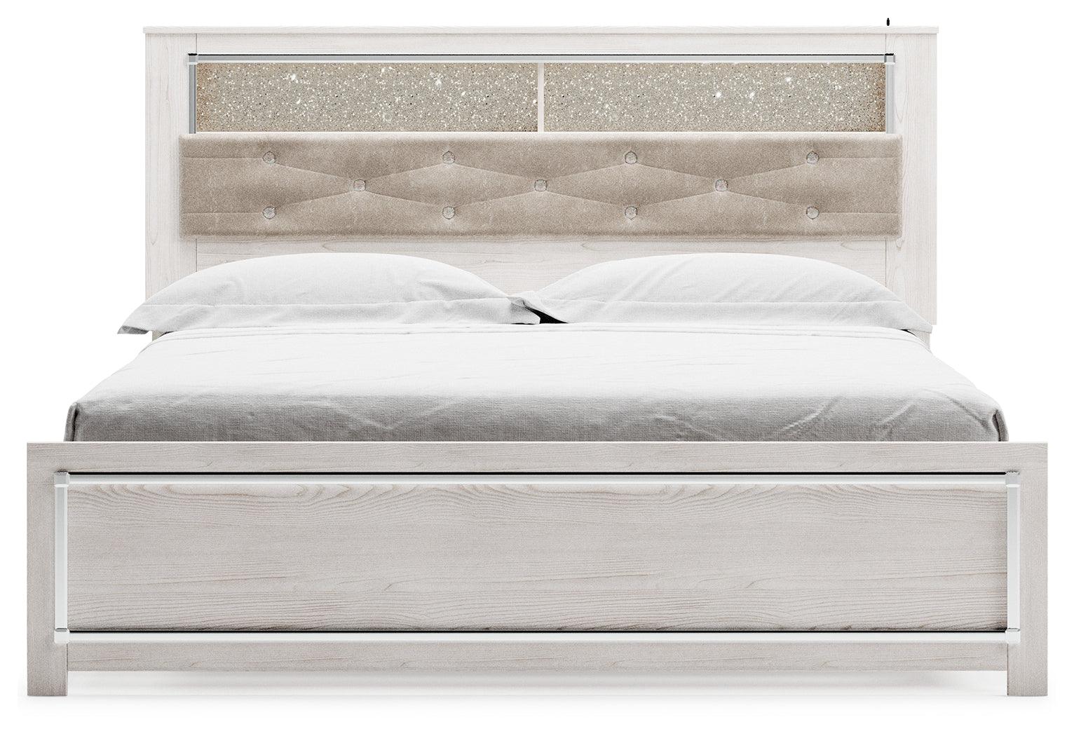 Altyra White King Panel Bookcase Bed head-on view showing shelf and chrome accents