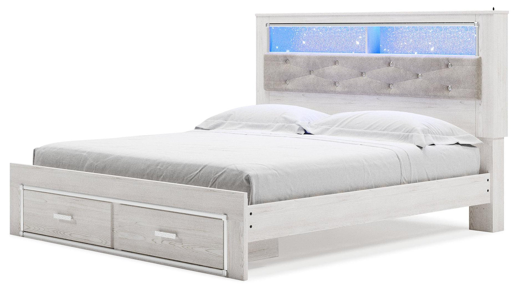 Altyra White King Upholstered Bookcase Bed with Storage - head-on view