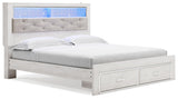 Altyra White King Upholstered Bookcase Bed with Storage - angled view showing headboard