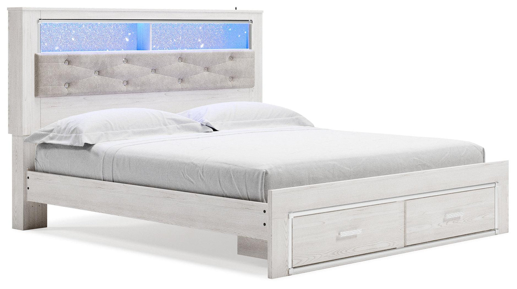 Altyra White King Upholstered Bookcase Bed with Storage - angled view showing headboard