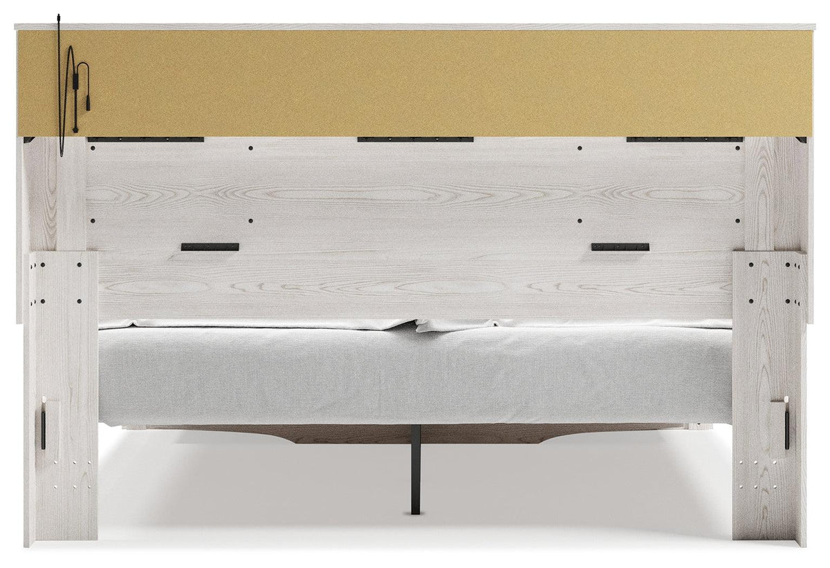 Altyra White King Upholstered Bookcase Bed with Storage - back side view