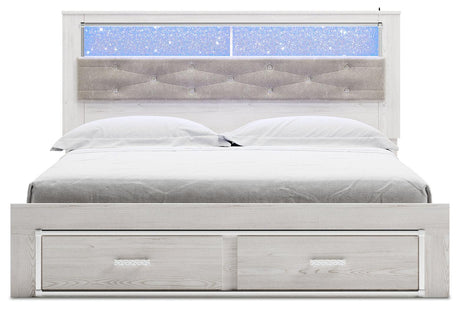 Altyra White King Upholstered Bookcase Bed with Storage - side view