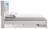 Altyra White King Upholstered Bookcase Bed with Storage - footboard drawers detail