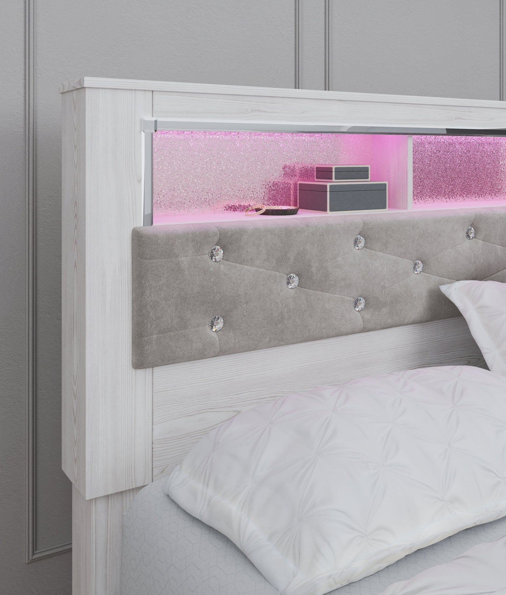 Altyra White King Panel Bookcase Bed headboard detail