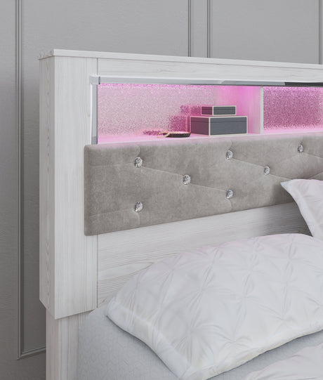 Altyra White King Panel Bookcase Bed headboard detail