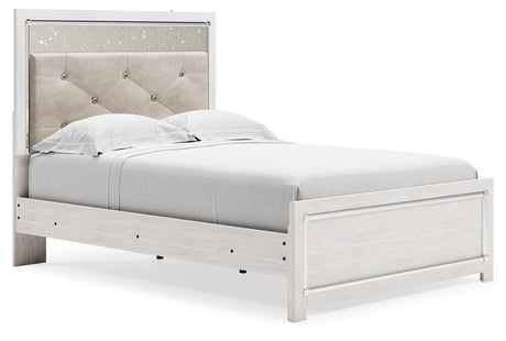 Altyra White Full Panel Bed, angled side view showing tufted headboard and LED lighting