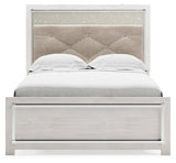 Altyra White Full Panel Bed, head-on view showing glitter panel and chrome accents