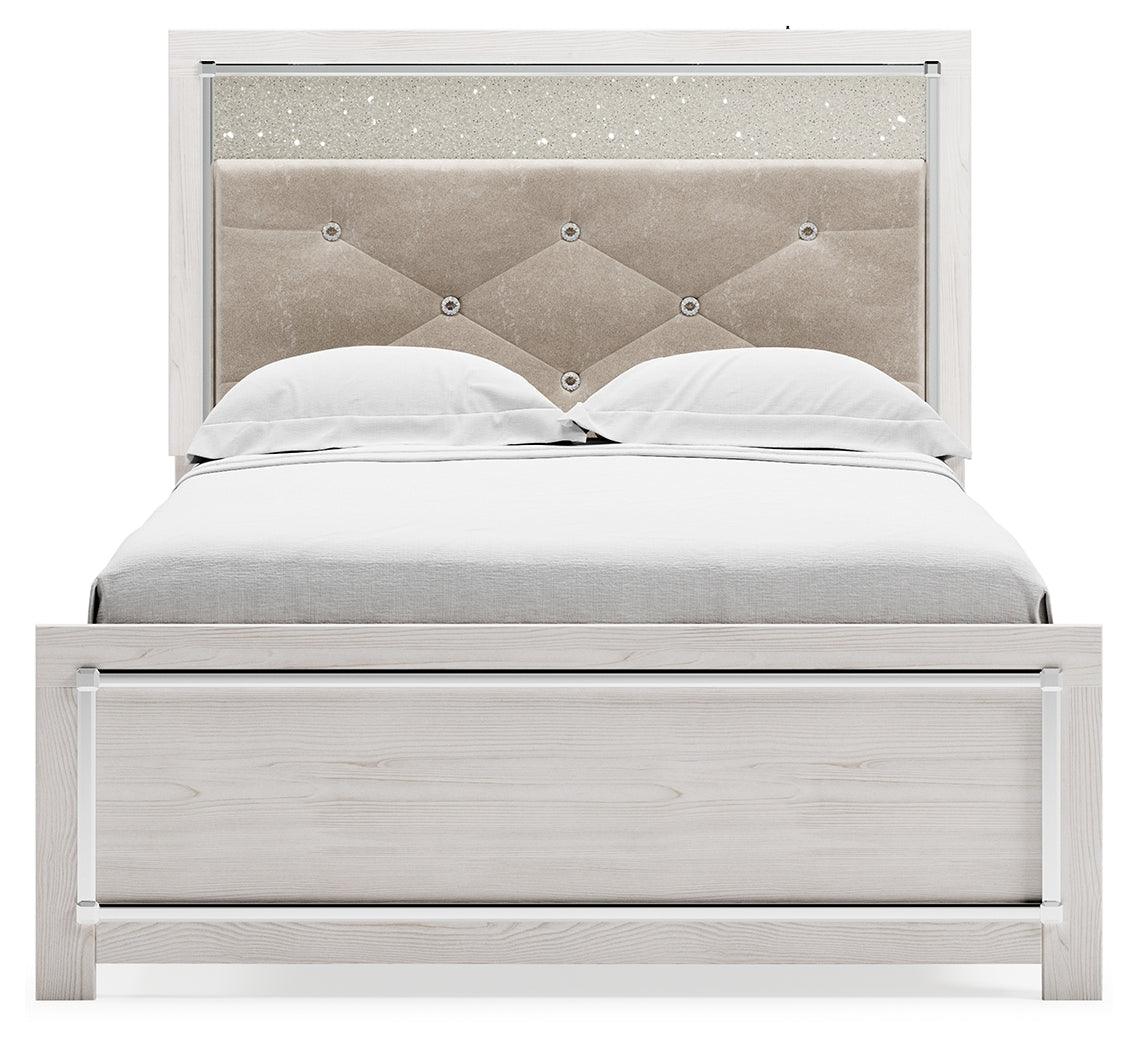 Altyra White Full Panel Bed, head-on view showing glitter panel and chrome accents