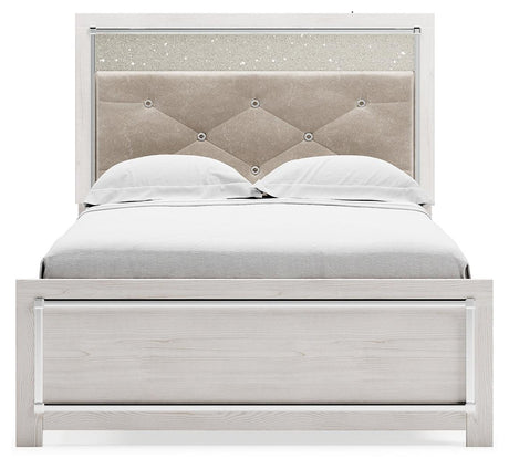 Altyra White Full Panel Bed, head-on view showing glitter panel and chrome accents