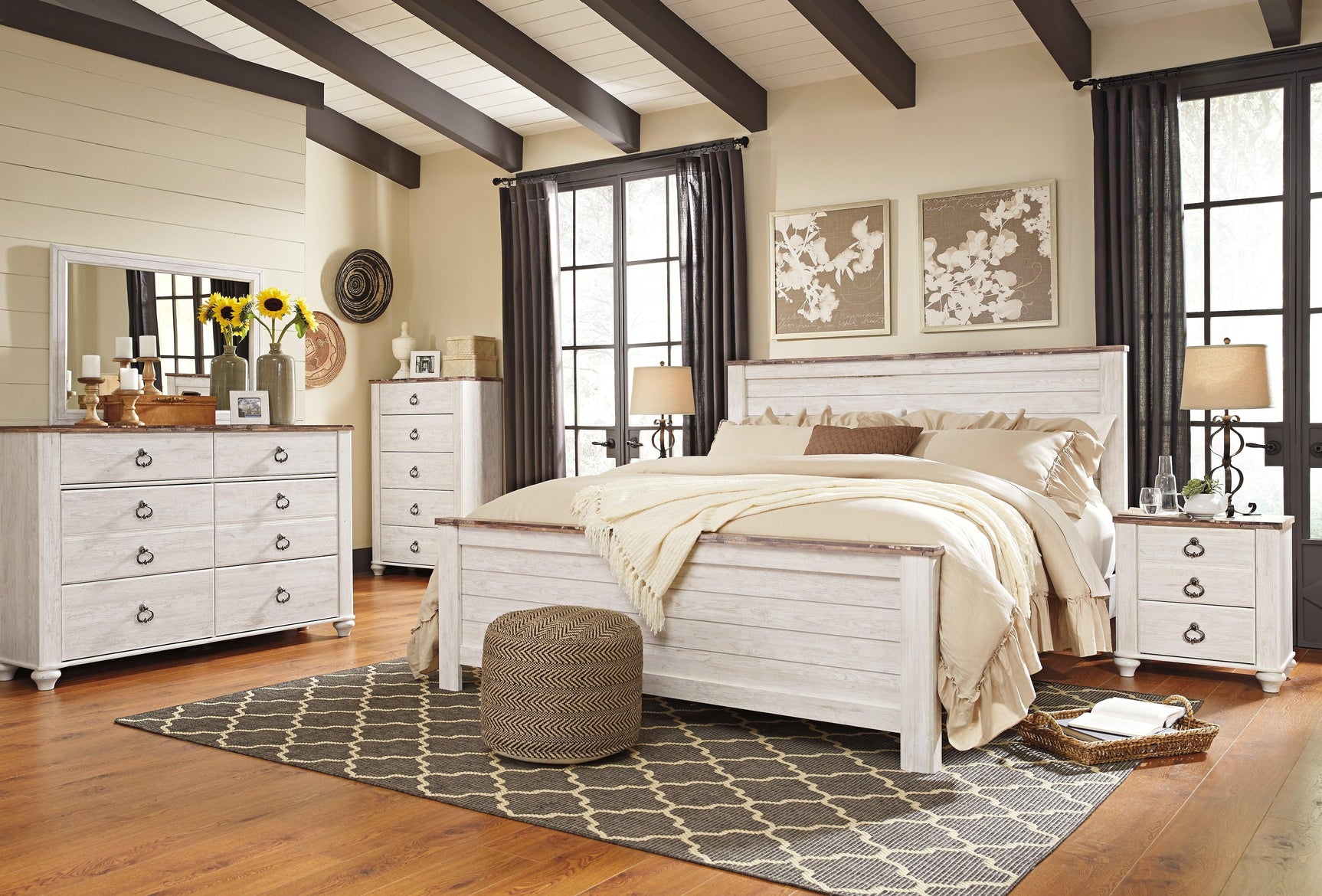 Willowton Whitewash King Panel Bed rustic plank finish close-up