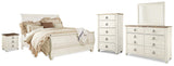 Willowton Whitewash Sleigh Bedroom Set — King / 5: Bed, Dresser, Mirror, Nightstand, Chest