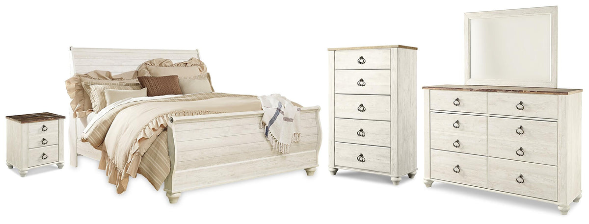 Willowton Whitewash Sleigh Bedroom Set — King / 5: Bed, Dresser, Mirror, Nightstand, Chest