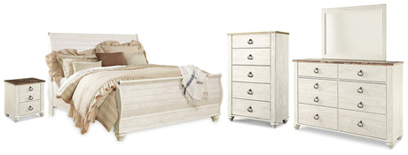 Willowton Whitewash Sleigh Bedroom Set — King / 5: Bed, Dresser, Mirror, Nightstand, Chest
