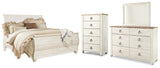 Willowton Whitewash Sleigh Bedroom Set — King / 4: Bed, Dresser, Mirror, Chest