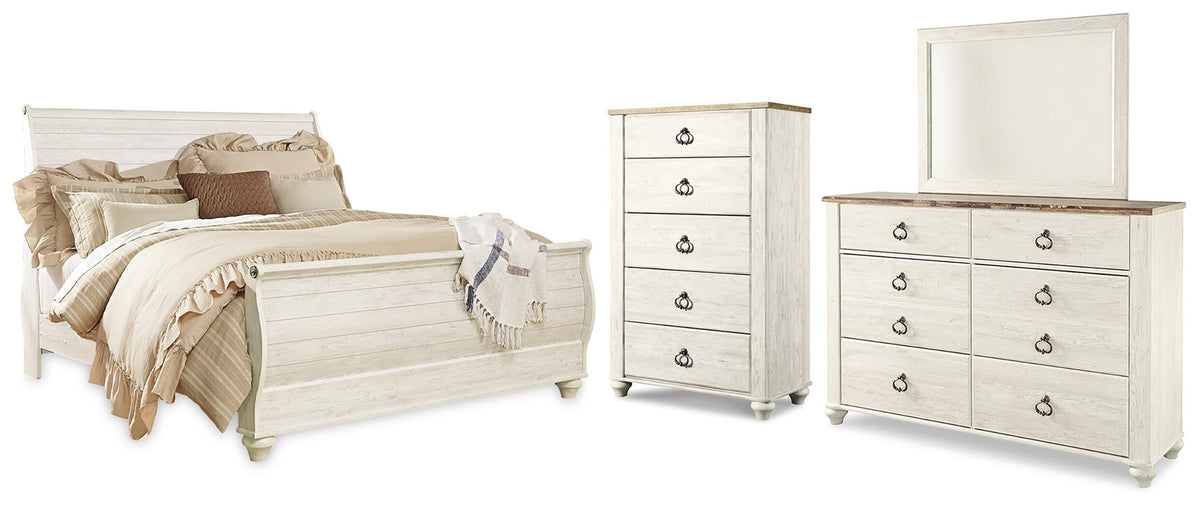 Willowton Whitewash Sleigh Bedroom Set — King / 4: Bed, Dresser, Mirror, Chest