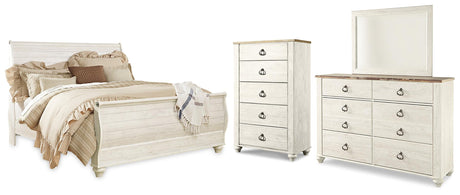 Willowton Whitewash Sleigh Bedroom Set — King / 4: Bed, Dresser, Mirror, Chest