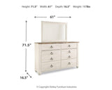 Willowton Whitewash Sleigh Bedroom Set dimension view