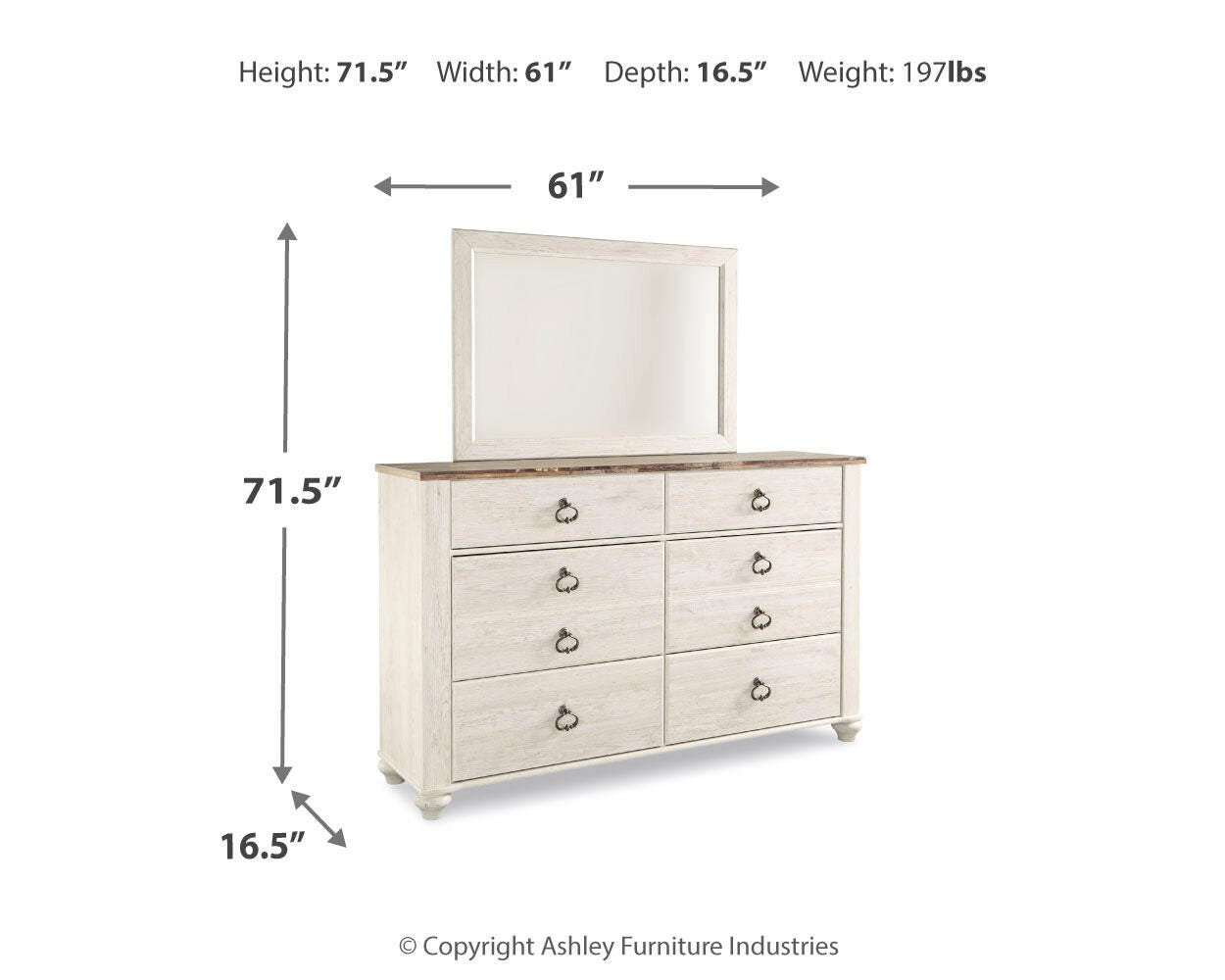 Willowton Whitewash Sleigh Bedroom Set dimension view