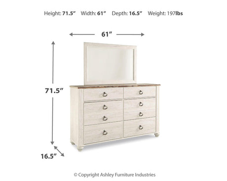 Willowton Whitewash Sleigh Bedroom Set dimension view