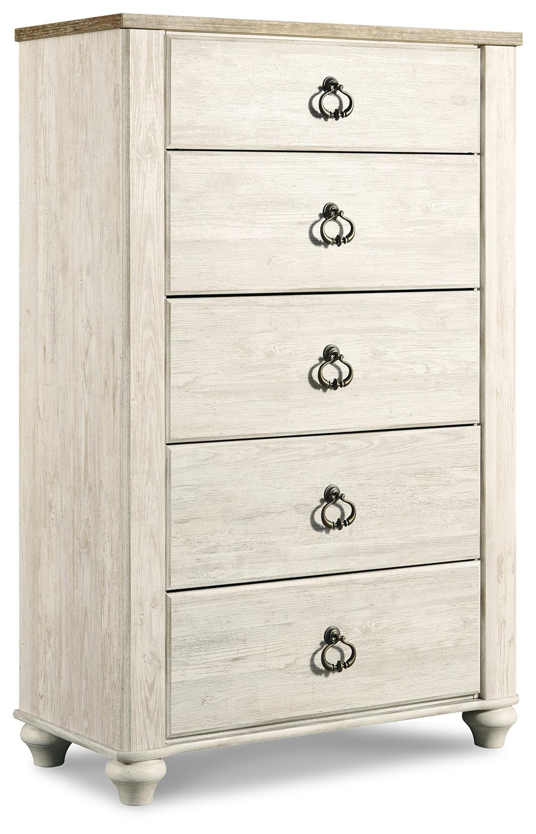 Close-up of Willowton Chest drawer knobs and two-tone finish