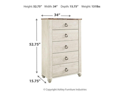Willowton Chest of Drawers assembly and dimension diagram