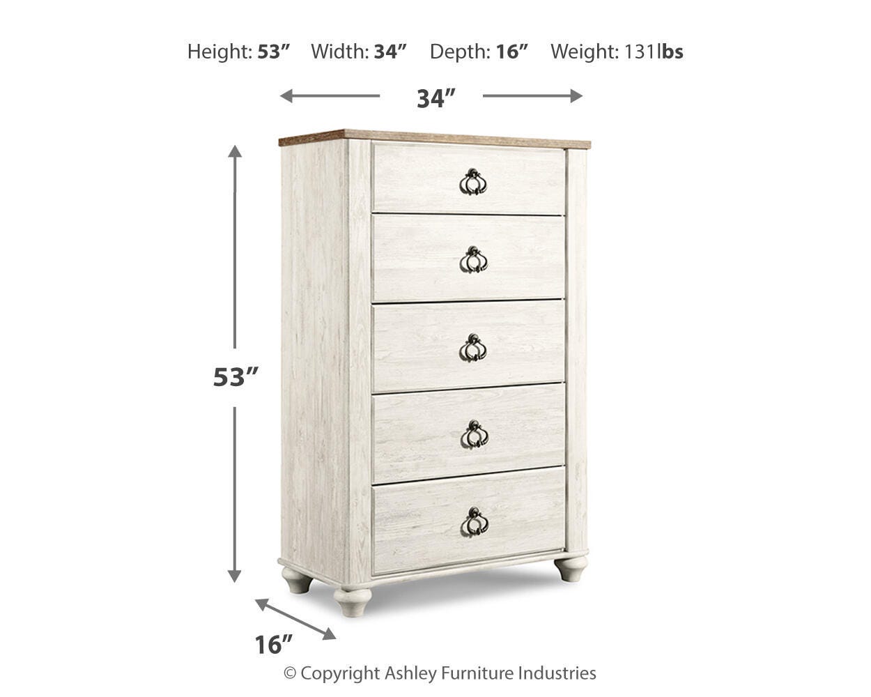 Willowton Whitewash Sleigh Bedroom Set dimension view