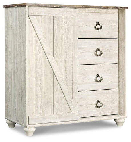 Angled side view of Willowton Whitewash Dressing Chest highlighting plank-effect top