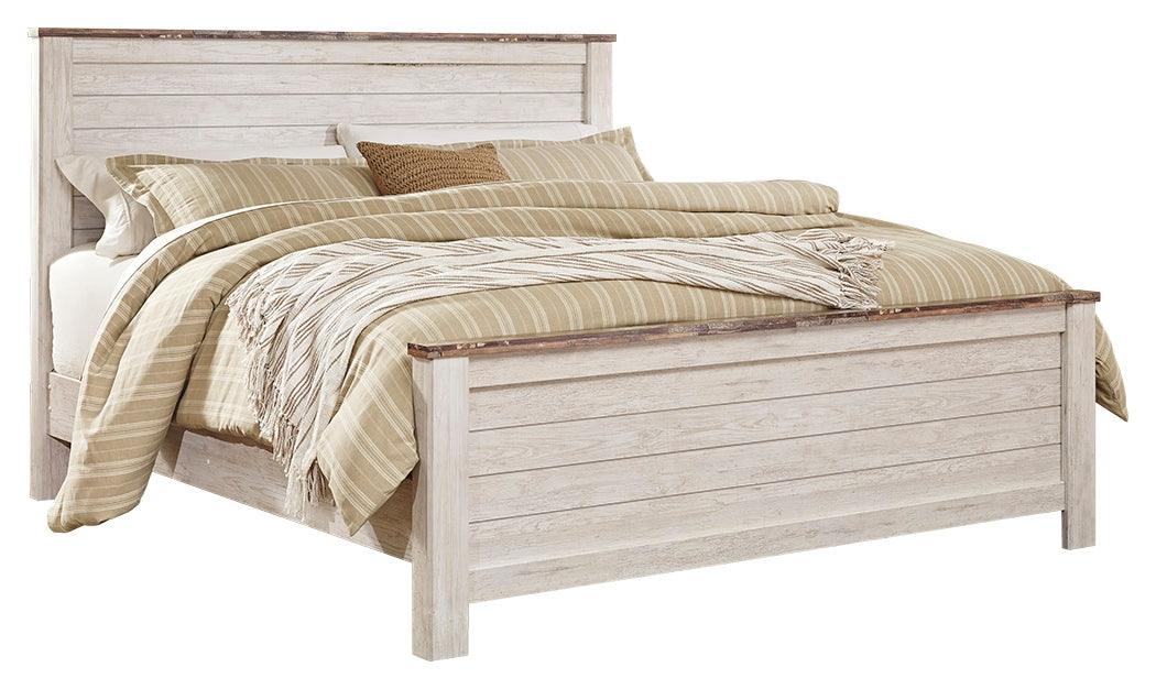 Willowton Whitewash King Panel Bed styled in bedroom