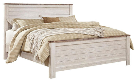 Willowton Whitewash King Panel Bed styled in bedroom