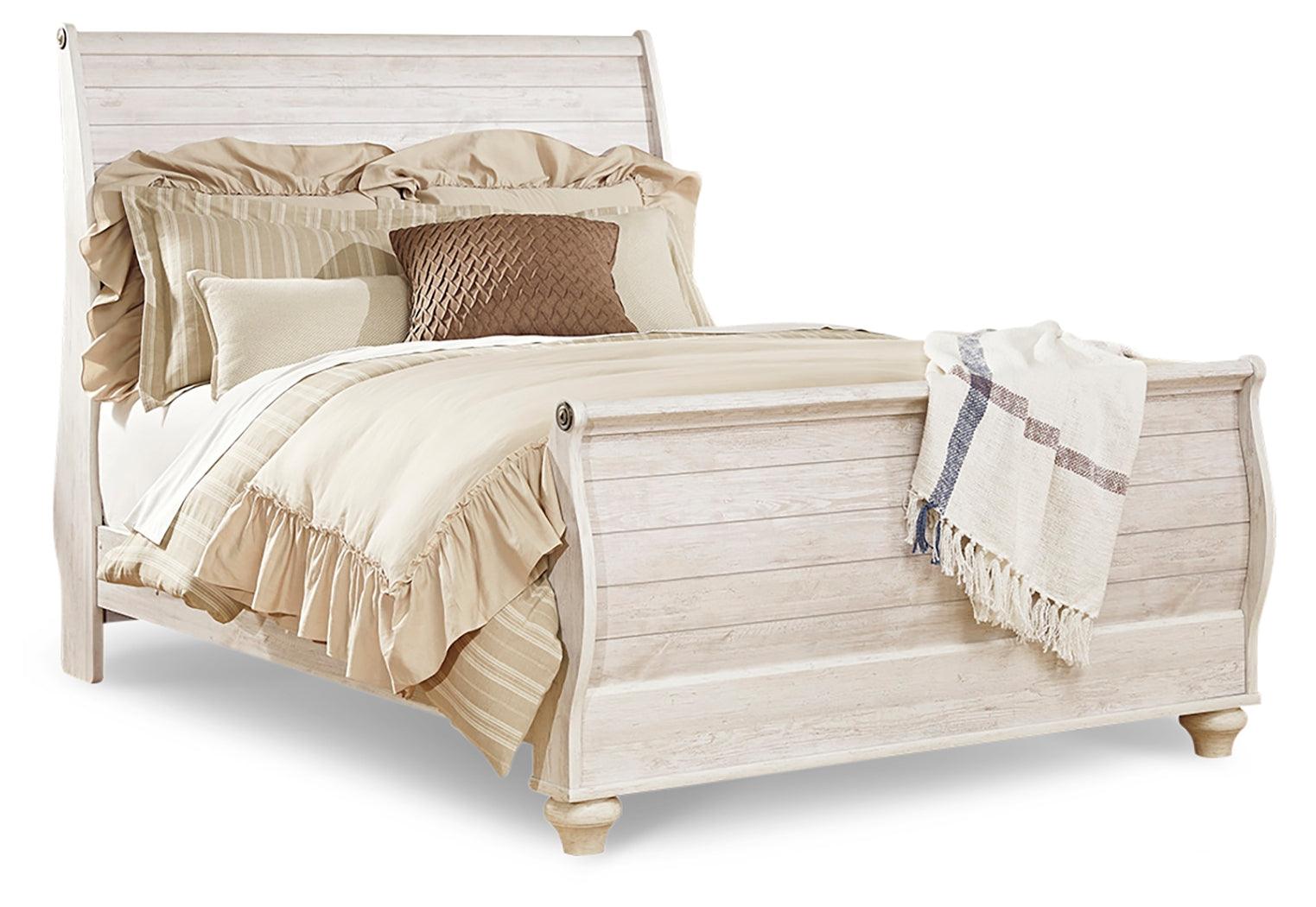 Willowton Whitewash Queen Sleigh Bed angled view in room