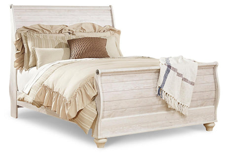 Willowton Whitewash Queen Sleigh Bed angled view in room