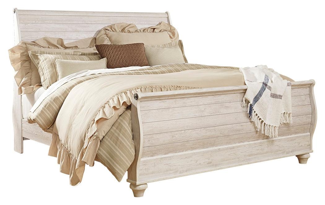 Willowton Whitewash King Sleigh Bed angled front