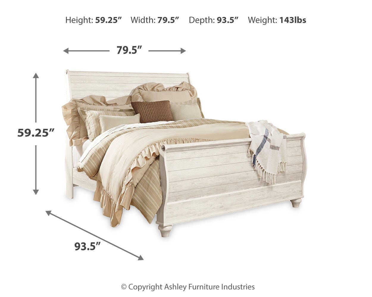 Willowton Whitewash Sleigh Bedroom Set dimension view