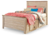 Willowton whitewash full panel bed angled side view with storage drawers