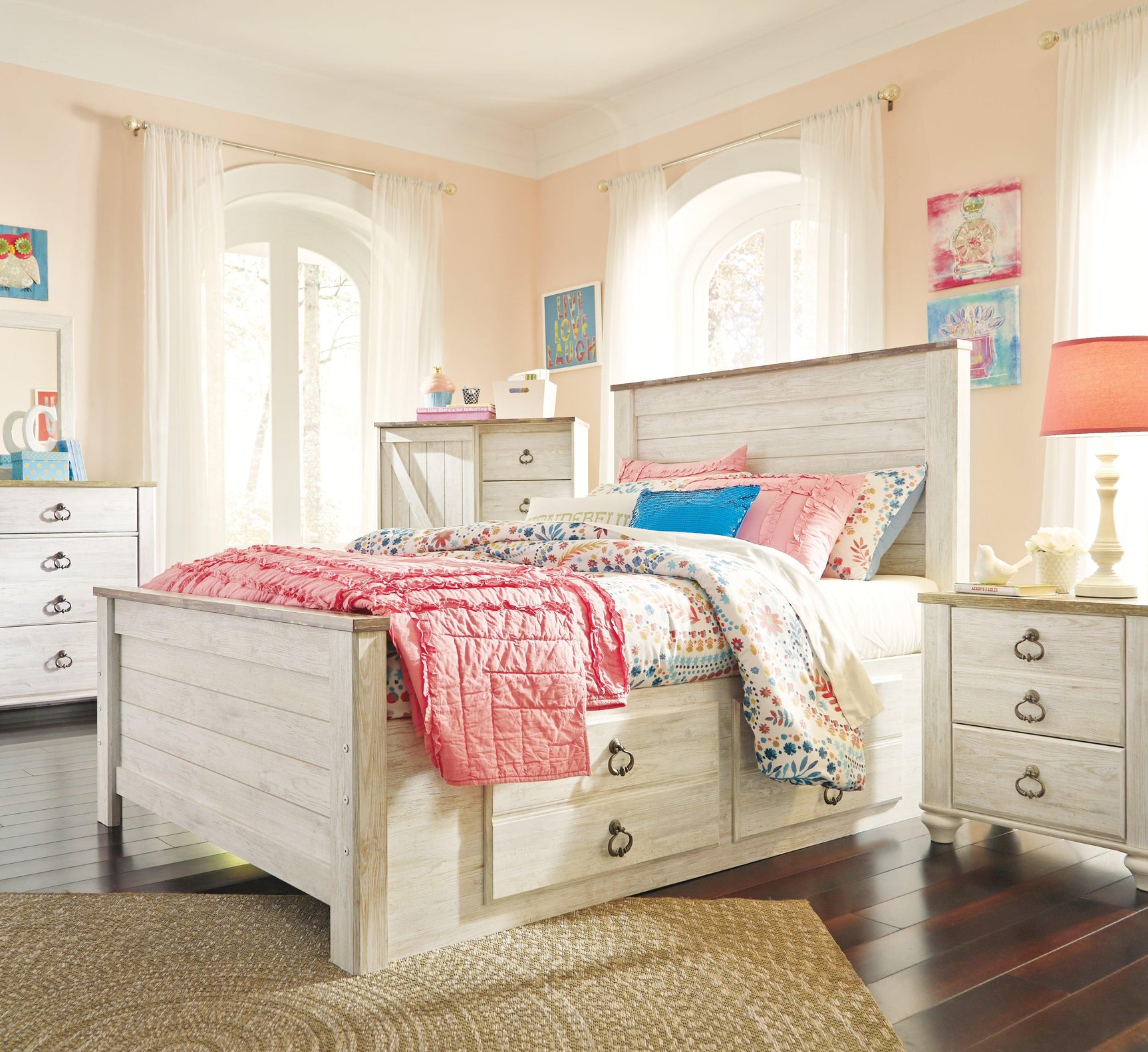 Willowton full panel bed in whitewash finish styled in bedroom