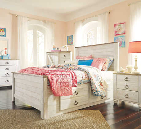 Willowton full panel bed in whitewash finish styled in bedroom