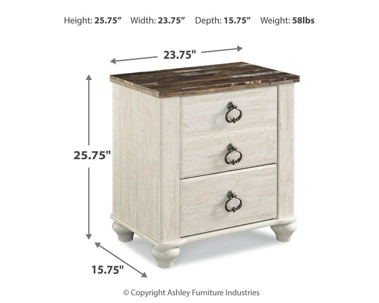 Willowton Whitewash Sleigh Bedroom Set dimension view