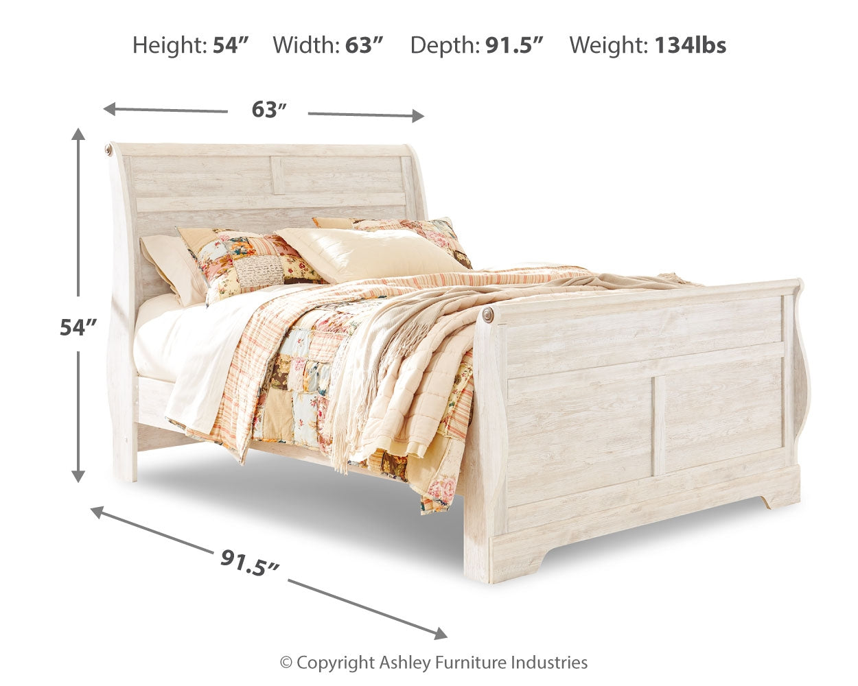 Willowton Whitewash Queen Sleigh Bed dimensions diagram