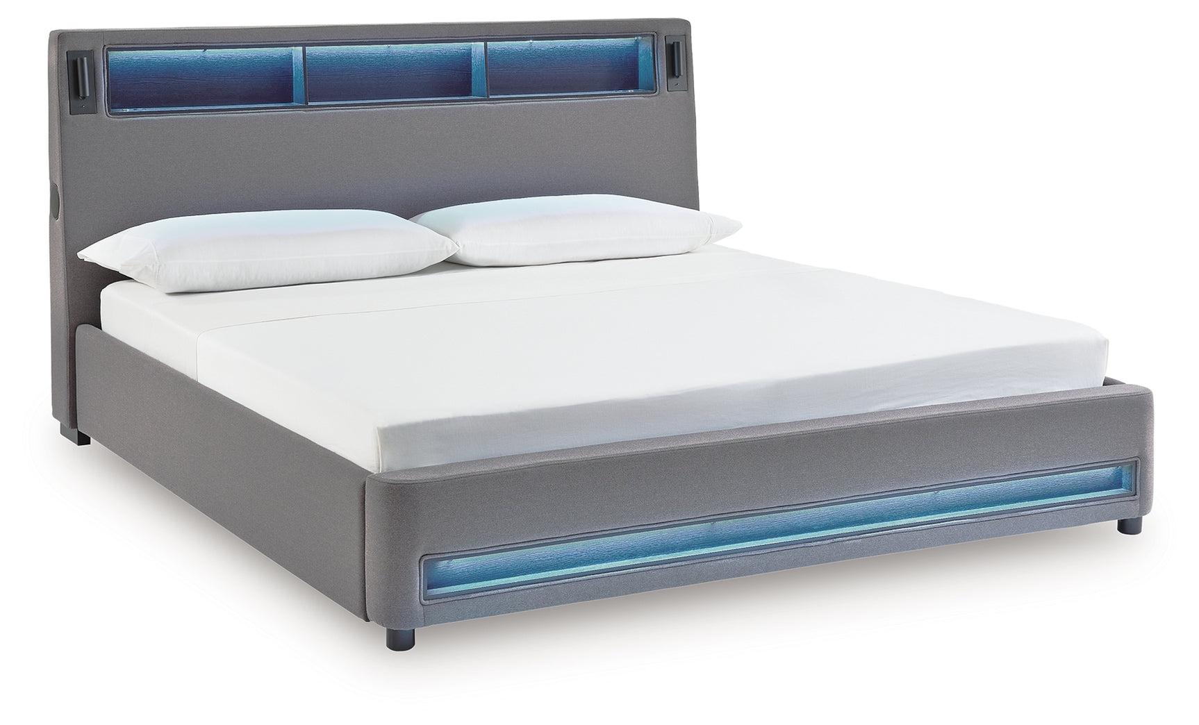 Side angle of Verishaw King Upholstered Bed with LED lighting off