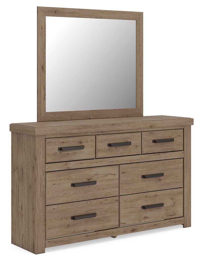 Oliandon Light Brown Panel Bed. Dresser, Mirror Bedroom Set angled view