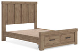 Oliandon Light Brown Panel Storage Bed. Dresser, Mirror Bedroom Set angled view