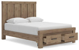 Oliandon Light Brown Panel Storage Bed. Dresser, Mirror Bedroom Set angled view