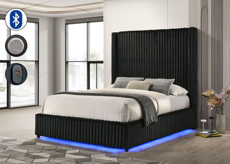 Melinda King Bed in black premium corduroy upholstery with LED panel lighting and Bluetooth speaker, side view