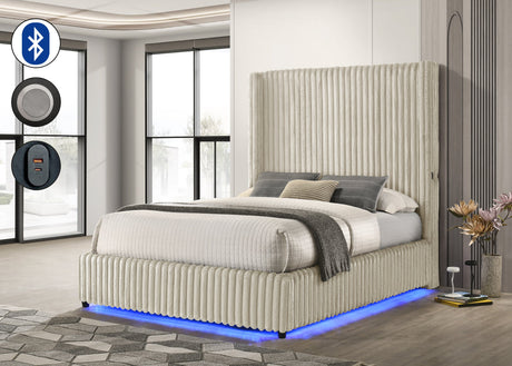 Melinda Cream Upholstered LED Panel Queen Bed front view