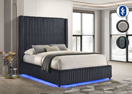 Melinda Grey Upholstered Panel Bed with Bluetooth speakers and LED lighting, queen size