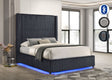 Melinda Grey Upholstered Panel King Bed front angle showing Bluetooth and LED features