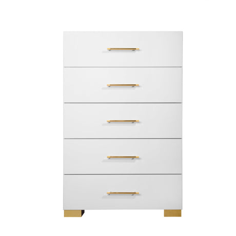Darya White Chest front angle showing glossy white finish and gold handles